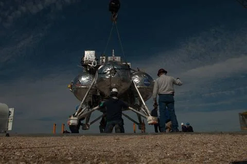 Engineers and technicians prepare NASA s Project Morpheus prototype lander... Stock Photos