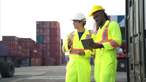 Engineers and technicians supervise and inspect the delivery of containers Video stock 308815380