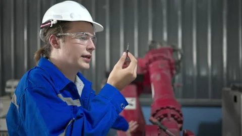 Engineers and technicians working together in a robotic arm factory Stock Footage 262759911