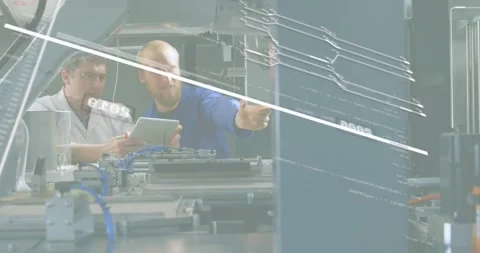 Engineers approaching factory line opening panel and studying wiring with Stock Footage 326410209