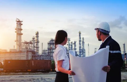 The engineers are checking a layout with large industry background. Stock Photos