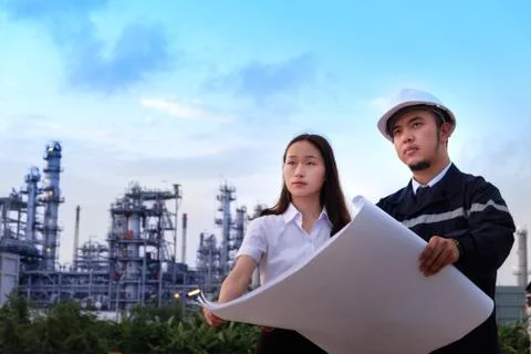 The engineers are checking a layout with large industry background. Stock Photos