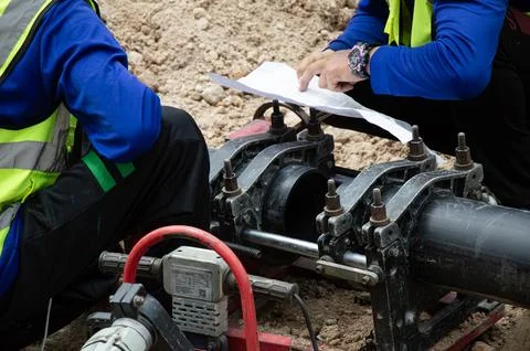 Engineers are looking at blueprints and using tools to connect pipes. Stock Photos