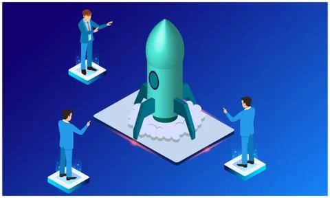 Engineers are ready with rocket at launch pad Illustrazione stock