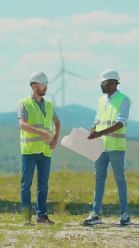 Engineers are reviewing plans at the wind farm to ensure optimal construction Stock Footage 314206428
