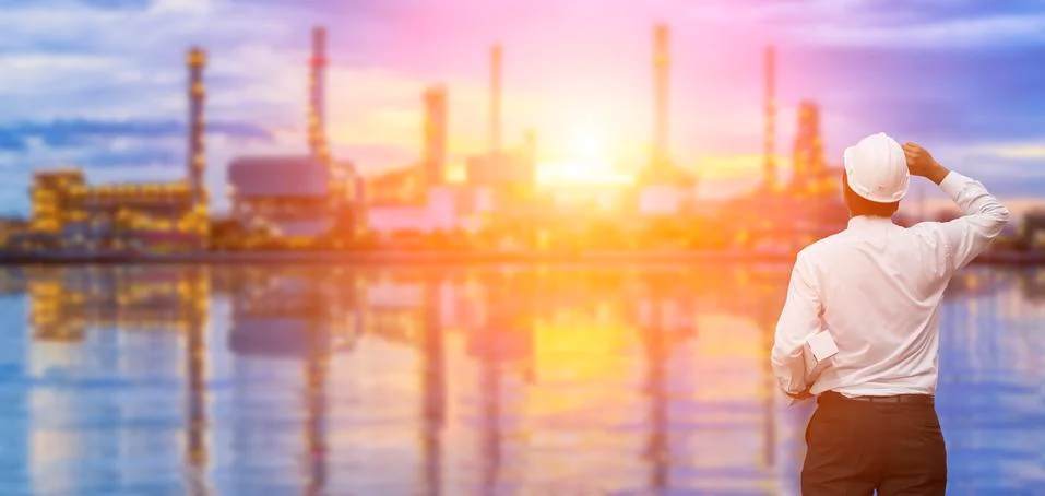 Engineers are standing Background image of the refinery. Stock Photos