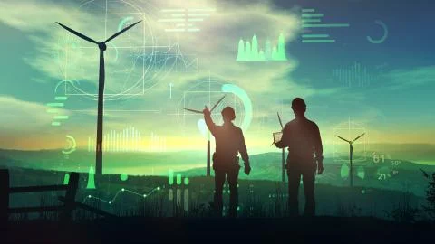 Engineers are watching over the work of wind turbines and virtual data. Stockillustratie