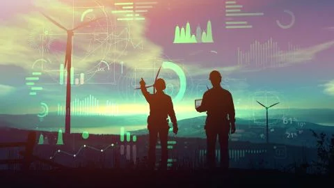 Engineers are watching over the work of wind farms and virtual infographic data. イラスト素材