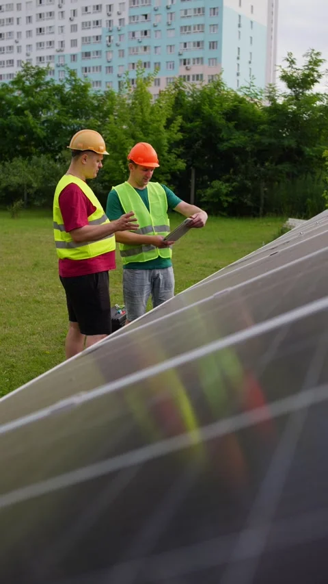 Engineers are working on solar panel maintenance and adjustment Stock Footage 314462476