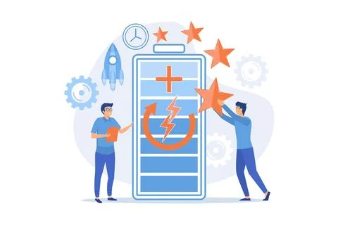 Engineers with battery charging, clock and stars with rocket. Fast charging.. Illustrazione stock