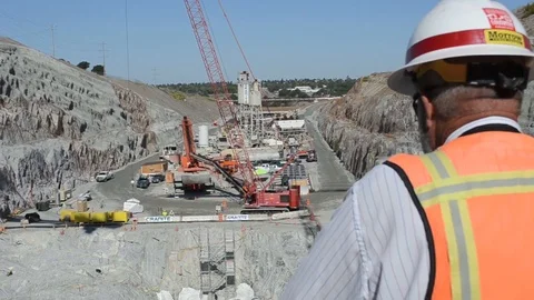 Engineers began placing concrete for Folsom Dam's new auxiliary spillway - 2012 Stock Footage 104273600