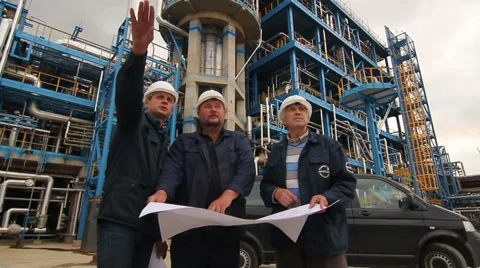 Engineers with blueprints at the factory Video stock 45099913