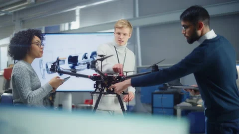 Engineers Building Configuring And Testing Drones Stock Footage 189858164