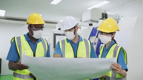 Engineers care of healthy working, looking drawing and explaining job. Stock Footage 147911259