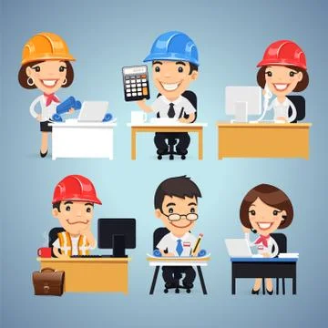 Engineers Cartoon Characters at the Table Set Stock Illustration