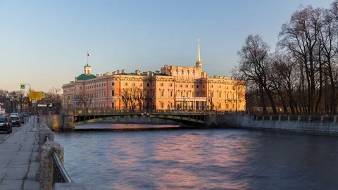 Engineer's Castle, embankment of the river Fontanka, sunset, St. Petersburg Stock Footage