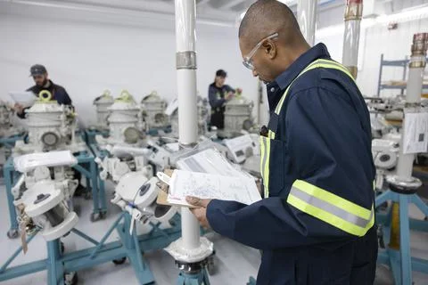 Engineers checking helicopter components on list Stock Photos