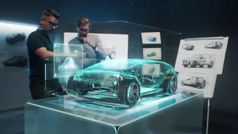 Engineers choose body of car using futuristic augmented reality hologram Stock Footage 251041379