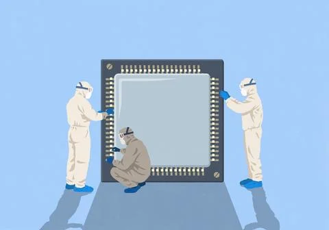 Engineers in clean suits inspecting large semiconductor against blue background Stock Illustration