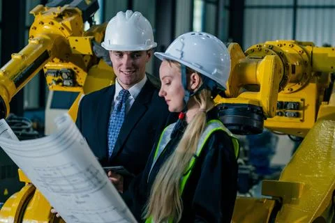 Engineers collaborate on industrial project while reviewing blueprints near.. Stock Photos