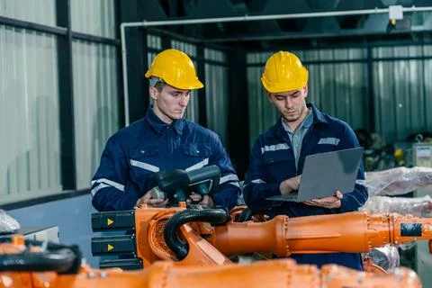 Engineers collaborate to optimize robotic systems in a modern industrial fa.. Stock Photos