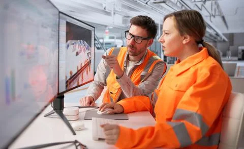 Engineers Collaborating On 3D CAD Software To Enhance Industrial Plant Layout Stock Photos