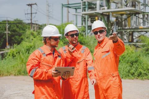 Engineers Collaborating on Energy Project While Reviewing Data at Industria.. Stock Photos