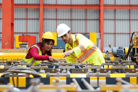 Engineers Collaborating on Industrial Equipment Analysis in Manufacturing S.. Stock Photos