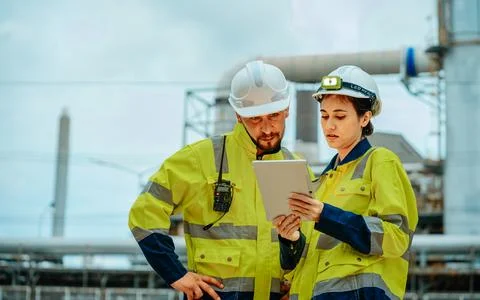 Engineers collaborating at an industrial site while reviewing project plans.. Stock Photos