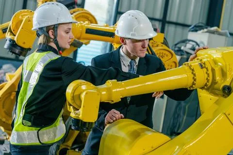 Engineers collaborating on robotic technology in a modern manufacturing fac.. Stock Photos