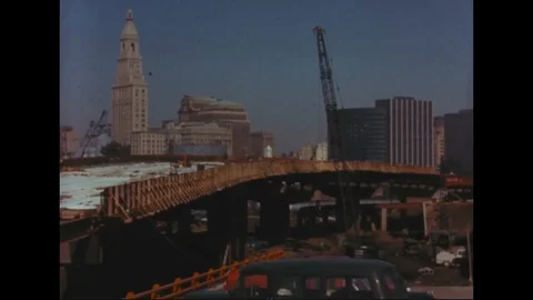 Engineers construct bridge and flyover in Kansas City, United States - 1961 Stock Footage 99784932