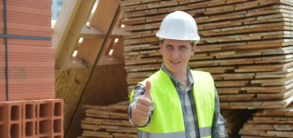 Engineers on construction surrounded by materials looking camera Foto stock