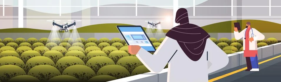 Engineers controlling agricultural drones sprayers quad copters flying to spray 스톡 일러스트