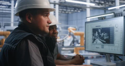Engineers Controlling Automated Robotic Assembly from Glass Office Stock Footage 344388269