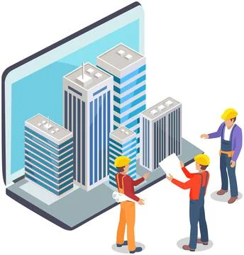Engineers create plan of skyscrapers building, Builders work with futuristic Ilustración de archivo