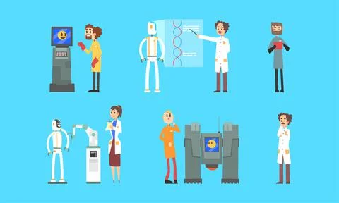 Engineers creating and programming robots set. Scientists creating artificial 库存插图