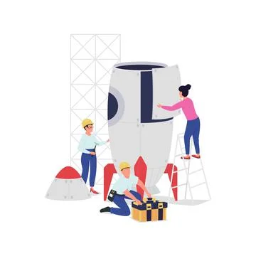Engineers creating spaceship flat color vector faceless character Stock Illustration