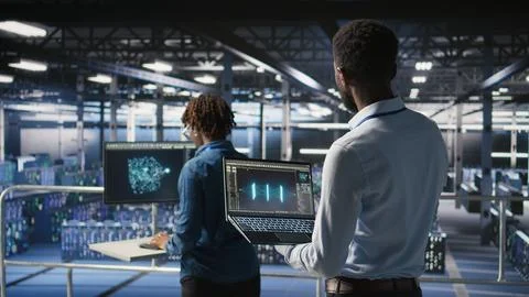 Engineers in data center reviewing large language model visualizations on laptop Foto stock