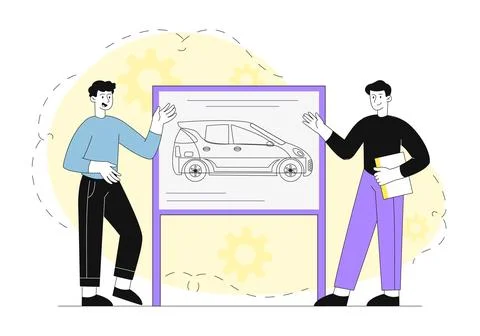 Engineers design car. Two men talking over drawing of machine. Transportation イラスト素材