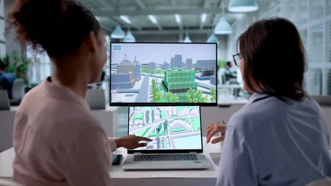 Engineers Designing Construction Project Using Software Stockbeeldmateriaal 329682656