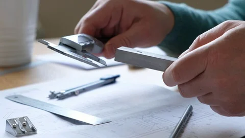 Engineer's desk: drawings, beam compasses, ruler and other drawing tools Stock-Footage 129323187