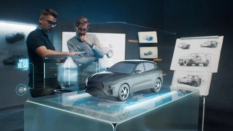 Engineers develop an eco-friendly car Foto stock