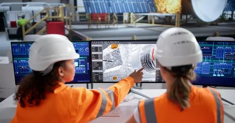 Engineers Develop Solar Panels For Satellite Using Computer Technology. Lady  Stock Photos