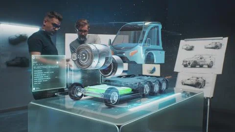 Engineers develop truck using augmented reality hologram Foto stock