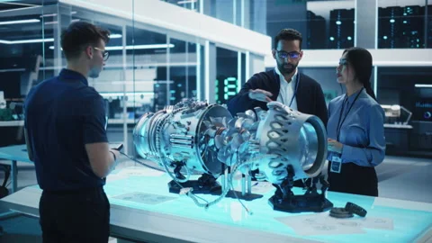 Engineers Developing Turbine Engine Video stock 229843158