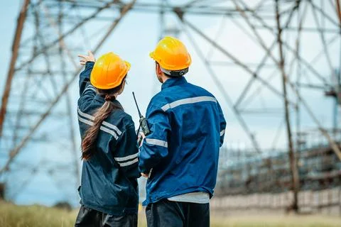 Engineers discuss operations at a power facility in mid-afternoon with powe.. Stock Photos