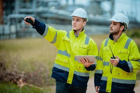Engineers discuss project details while inspecting industrial site in safet.. Stock Photos