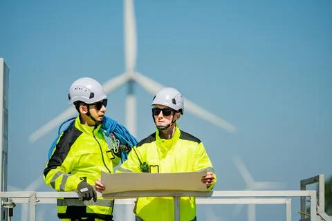 Engineers discuss project plans at wind turbine site under clear blue sky d.. Stock Photos