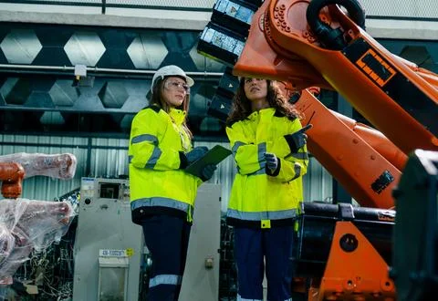 Engineers discuss robotic systems in a modern manufacturing facility during.. Stock Photos