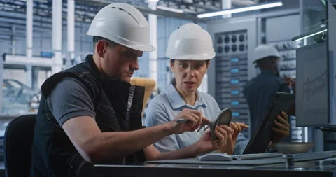 Engineers Discussing Component Measurements and CAD Specs in Factory Stock Footage 344392139